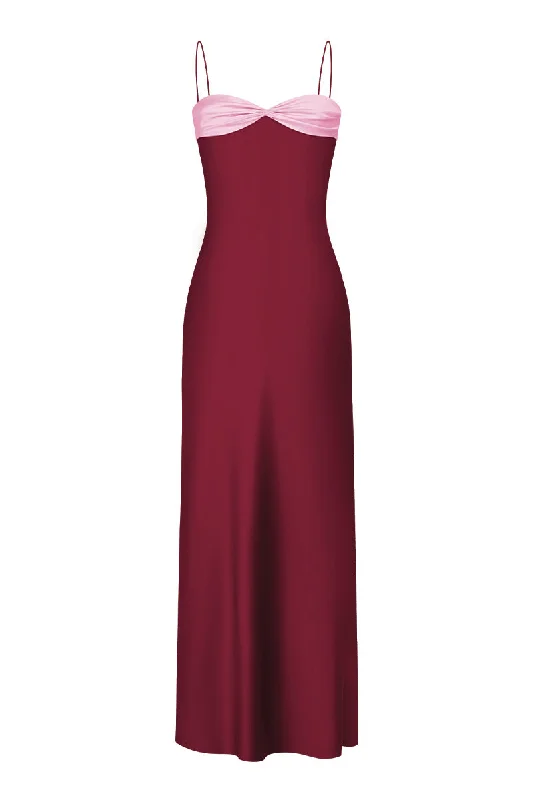 SWAN SLIP MAXI DRESS IN BURGUNDY AND PINK Comfortable Bohemian Maxi Dress