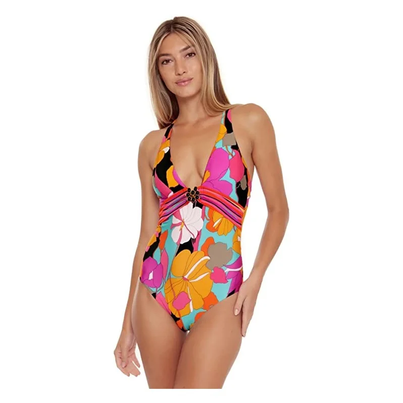 Trina Turk Gemini Plunge Print One Piece Womens Swimsuit Sleek Racerback Swimsuit