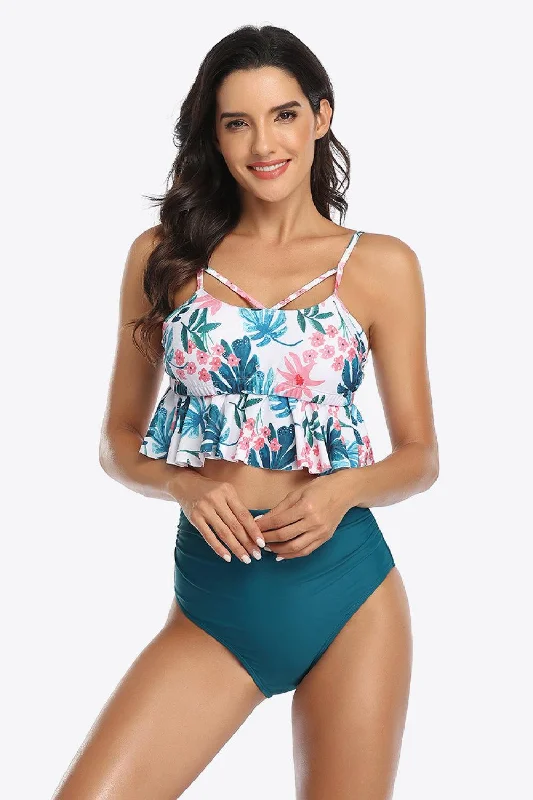 Tropical Crisscross Ruffled Two-Piece Swimsuit Bold Swimsuit Design