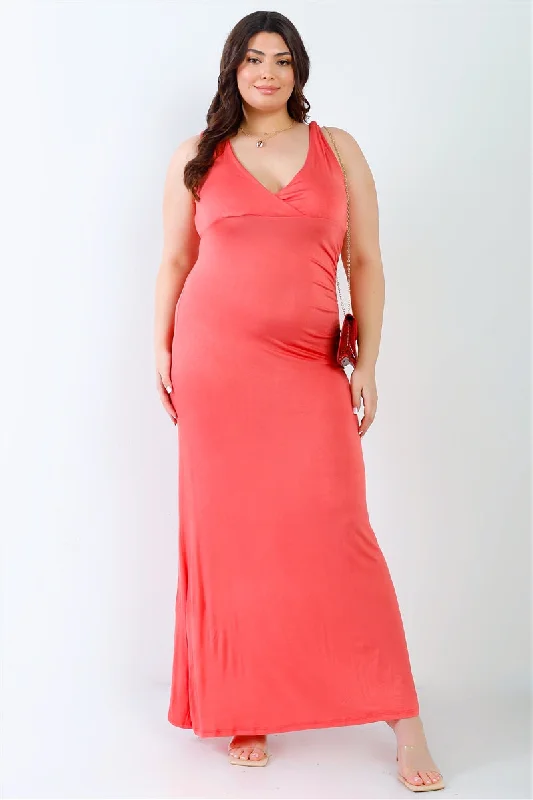 Plus V-neck Sleeveless Maxi Dress Fashionable High-Low Maxi Dress