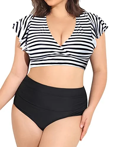 Ruffled Sleeve Two Piece Swimsuits Plus Size High Waisted Bikini-Black And White Stripe Floral Swimwear Set