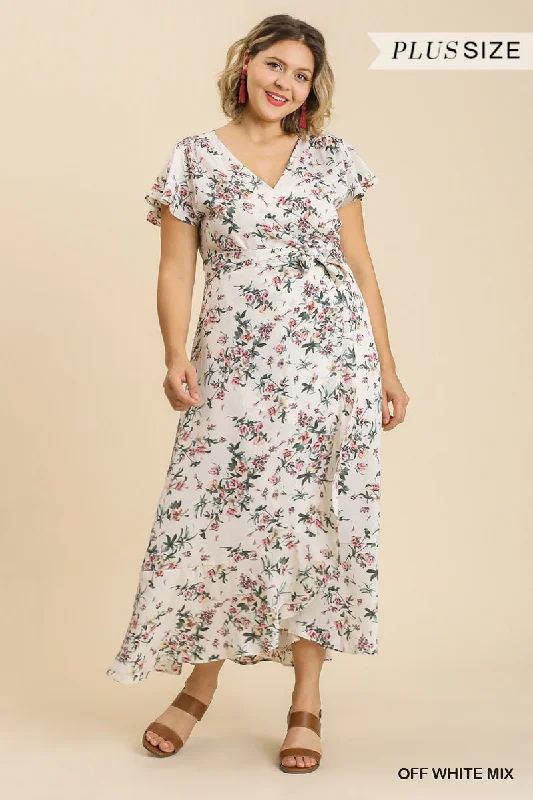 Floral Print Wrapped Short Ruffle Sleeve Maxi Dress With No Lining Fashionable Halter Neck Maxi Dress