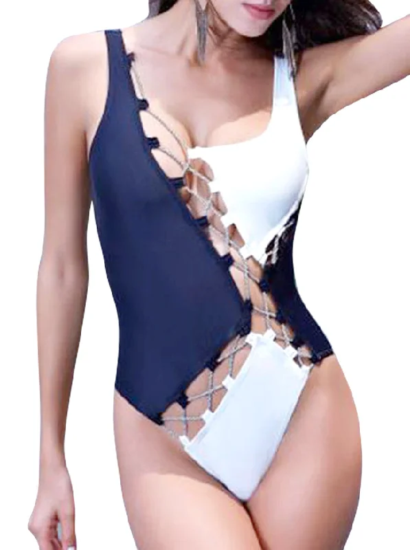 Unique Black and White Stitching Lace-up Swimsuit Floral Swimwear Set