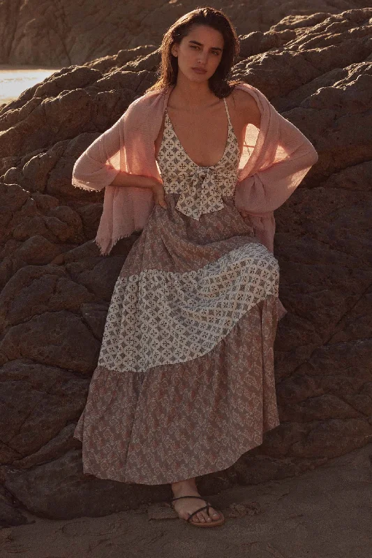 Unique Soul Block-Print Tiered Halter Maxi Dress Elegant Maxi Dress with Pockets