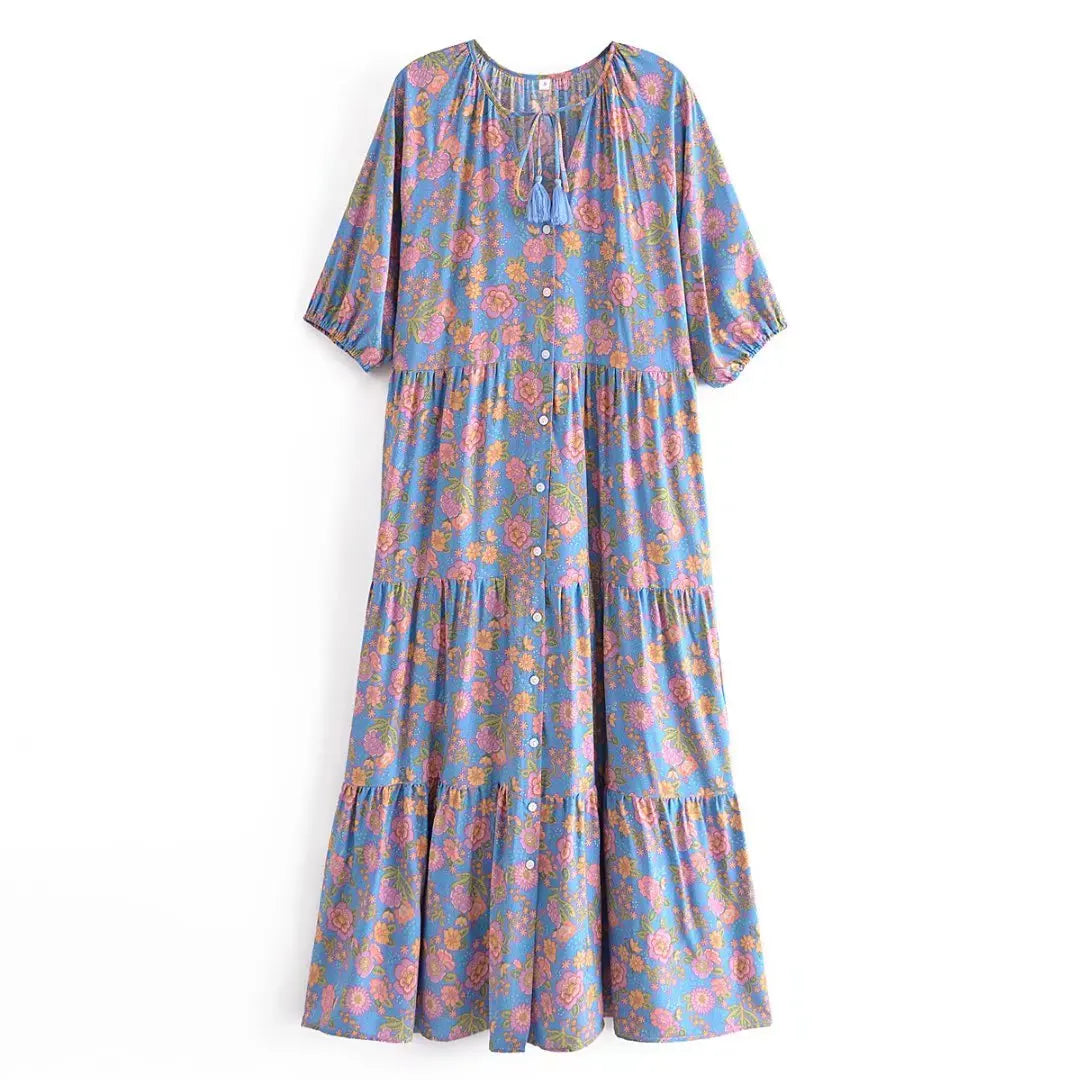 Blue Blossom Boho Floral Print Maxi Dress Fashionable Off-Shoulder Maxi Dress