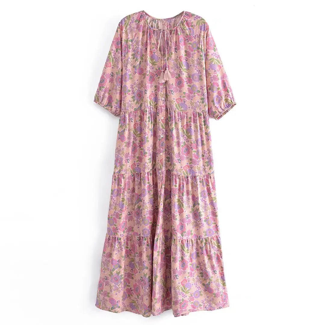 Blush Blossom Boho Floral Print Maxi Dress Casual Maxi Dress with Pockets