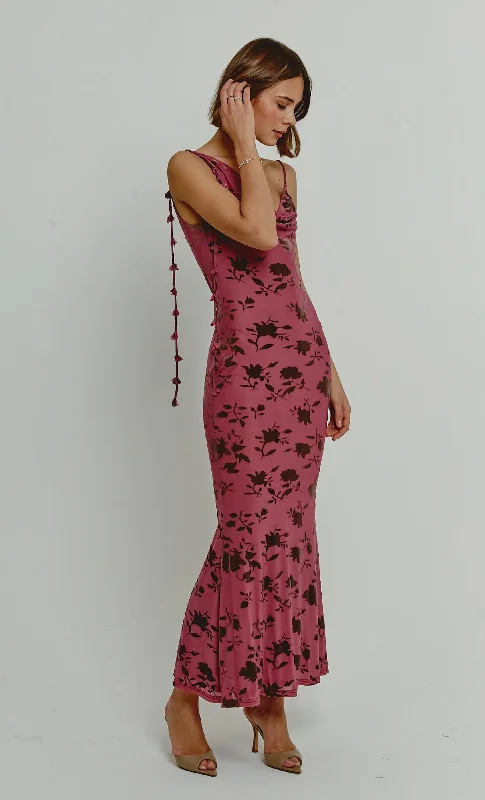 Mauve Burnt Devore Asymmetric Maxi Dress Elegant Maxi Dress with Lace