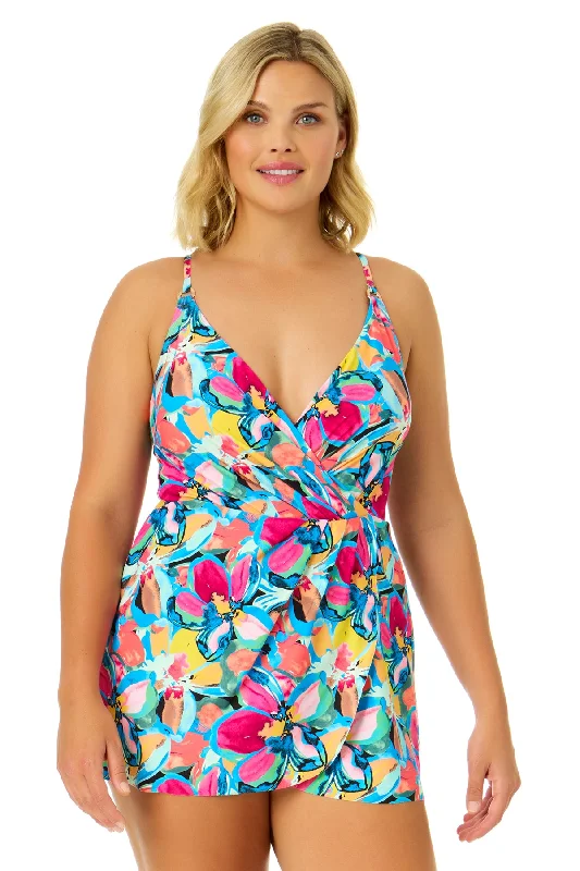 Women's Amalfi Floral Swim Dress With Skirted Bottom Vibrant Bikini Bottoms