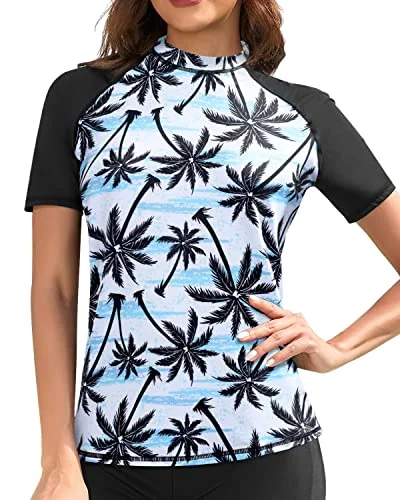 Stylish Women's Swim Top Multiple Color Options Short Sleeve Rashguard Top Swim Shirt-Black Palm Tree Shiny One-Piece Swimsuit Stylish Women's Swim Top Multiple Color Options Short Sleeve Rashguard Top Swim Shirt-Black Palm Tree Shiny One-Piece Swimsuit
