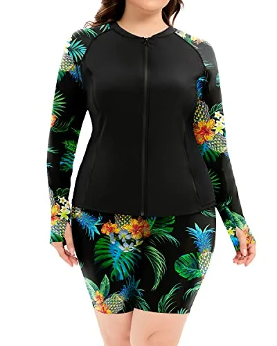 Women's Plus Size Uv Protection Rash Guard Swimsuit Zipper-Black Pineapple Sleek Racerback Swimsuit