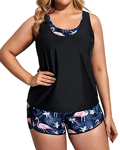 Scoop Neck Plus Size 3 Piece Swimsuits High Waisted Boy Shorts For Women-Black Flamingo Quick-Dry Swimsuit