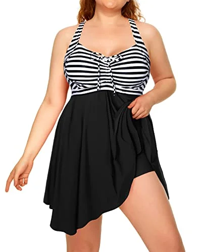 Flattering Ruched Plus Size Flowy Tankini Bathing Suits For Women-Black And White Stripe Playful Pattern Swimsuit