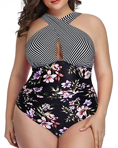 Front Cross Backless Plus Size Swimwear For Women-Stripes And Flowers Monokini Swimsuit Design