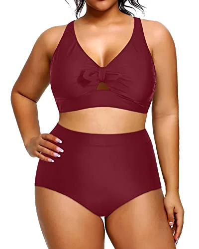 Women Plus Size Two Piece Swimsuit High Waisted Bikini Bottoms-Maroon Retro-Inspired Bikini Set