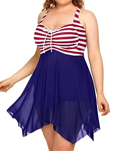 Irregular Hem Two Piece Swim Dress Boyshorts For Plus Size Women-Flag Swim Skirt Set