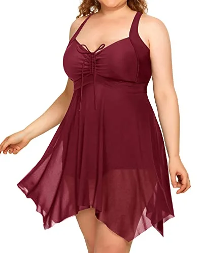 Slimming Plus Size Mesh Swim Dress Boyshorts Long Torso Swimsuits-Maroon Chic Bikini Set