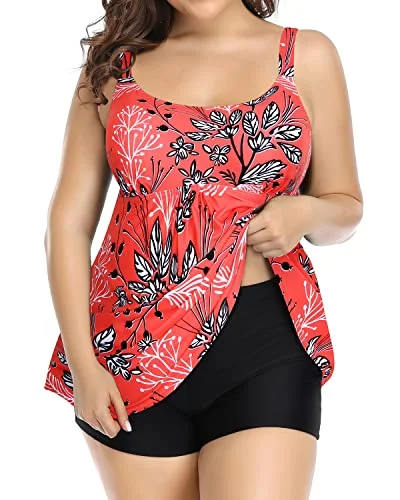 Plus Size Tankini Swimsuits With Boy Shorts For Women-Red Floral Retro Swimwear Style