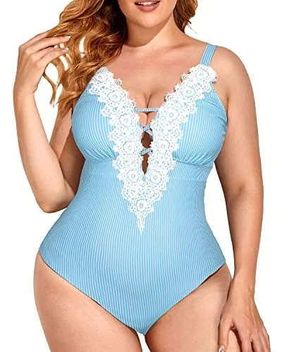 Alluring Tummy Control Slimming Plus Size One Piece Swimsuits-Blue White Stripe Beachy Ruffle Bikini Alluring Tummy Control Slimming Plus Size One Piece Swimsuits-Blue White Stripe Beachy Ruffle Bikini