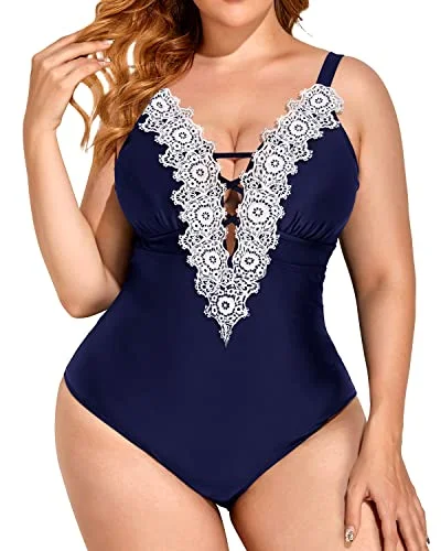 Modest Full Coverage Plus Size One Piece Swimsuits For Women-Navy Blue Elegant Ruffle Swimsuit