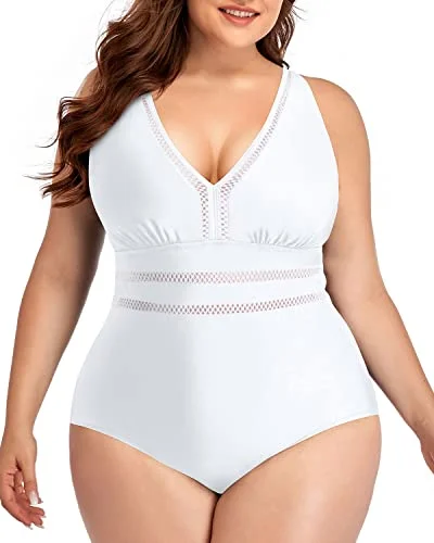 Sexy Backless Plus Size Swimsuit V-Neck For Curvy Women-White Bold Swimsuit Design