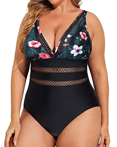 Sexy V Neck Tummy Control Plus Size Swimsuits-Black Floral Bold Color Swimsuit