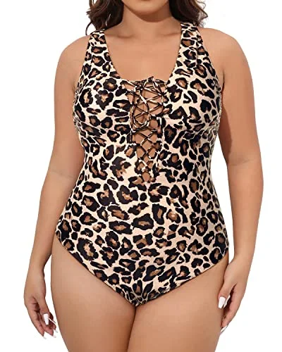 Tummy Control Crochet Trim Plus Size One Piece Swimsuits For Women-Leopard Mesh Panel Swimwear