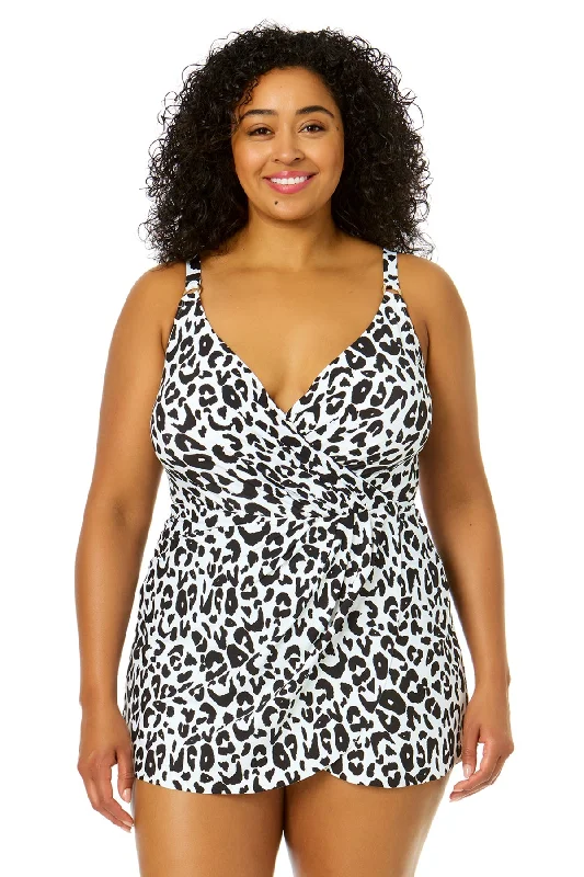 Women's Plus Size Wild Cat Swim Dress With Skirted Bottom Sporty Racerback Swimsuit