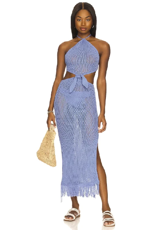 Blue Jean Crochet Fringe Maxi Dress Cozy Knit Maxi Dress