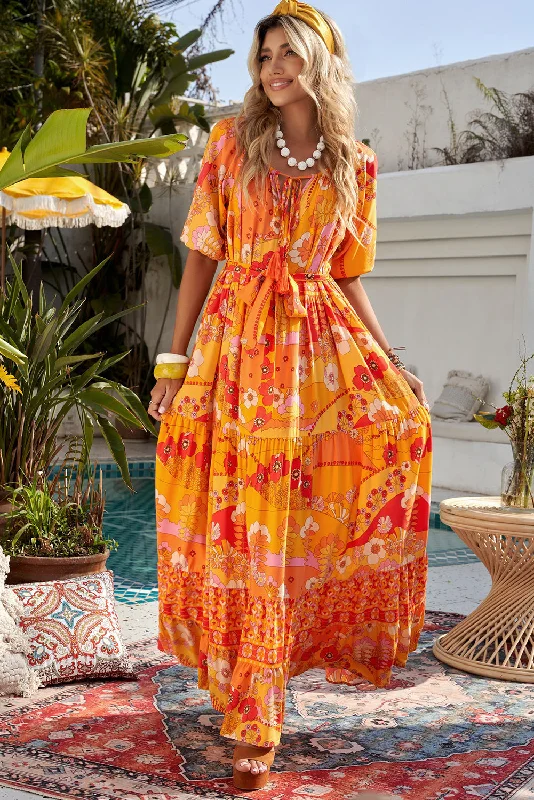 Bohemian Tie-Waist Tiered Maxi Dress Comfortable Satin Maxi Dress