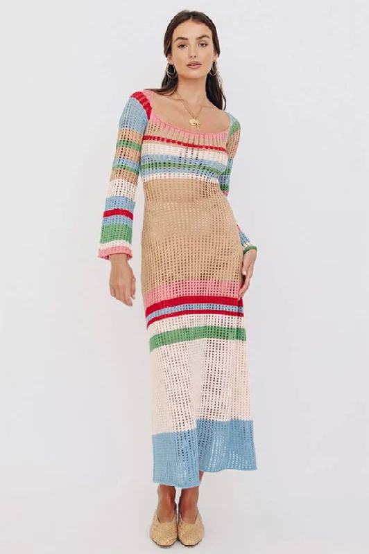 Crochet Knit Striped Maxi Dress Comfortable Fit-and-Flare Maxi Dress