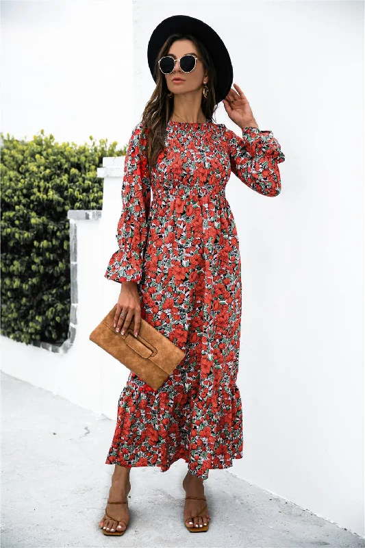 Printed Puff Sleeve Ruffle Maxi Dress Comfortable T-Shirt Maxi Dress