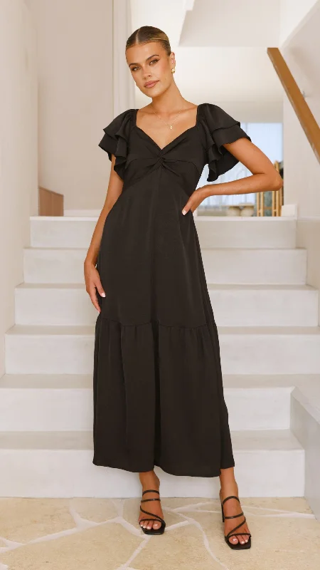 Averianna Maxi Dress - Black Elegant Maxi Dress with Belt