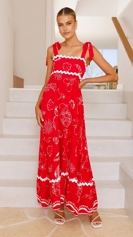 Birkley Maxi Dress - Red Print Elegant Tiered Maxi Dress