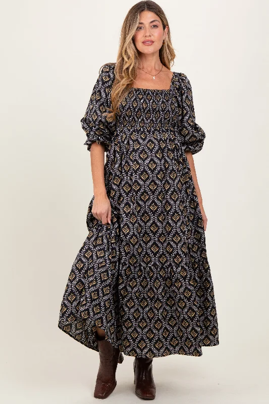 Black Damask Print Smocked Maternity Maxi Dress Comfortable Maxi Dress with Belt