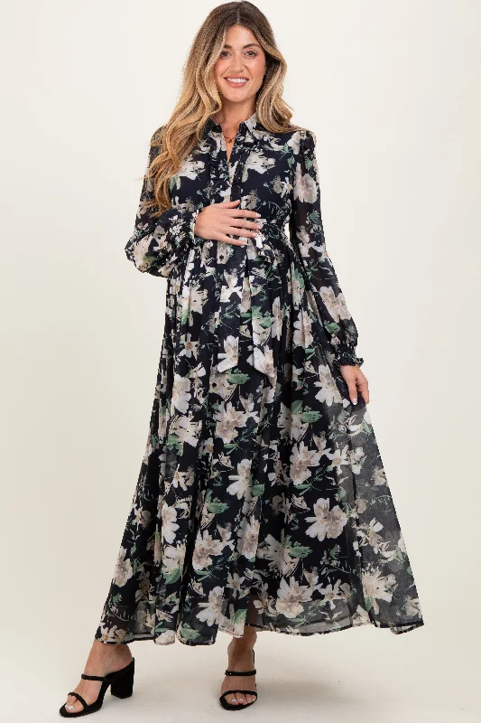 Black Floral Chiffon Ruffle Accent Button Down Maternity Maxi Dress Fashionable Faux Wrap Maxi Dress