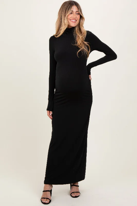 Black Turtleneck Long Sleeve Fitted Maternity Maxi Dress Comfortable Fitted Maxi Dress