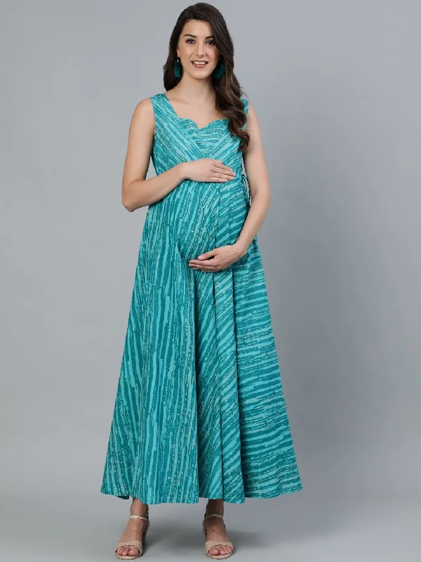 Women's Blue Printed Maternity Maxi Dress - AKS Elegant Maxi Dress with Ruffles