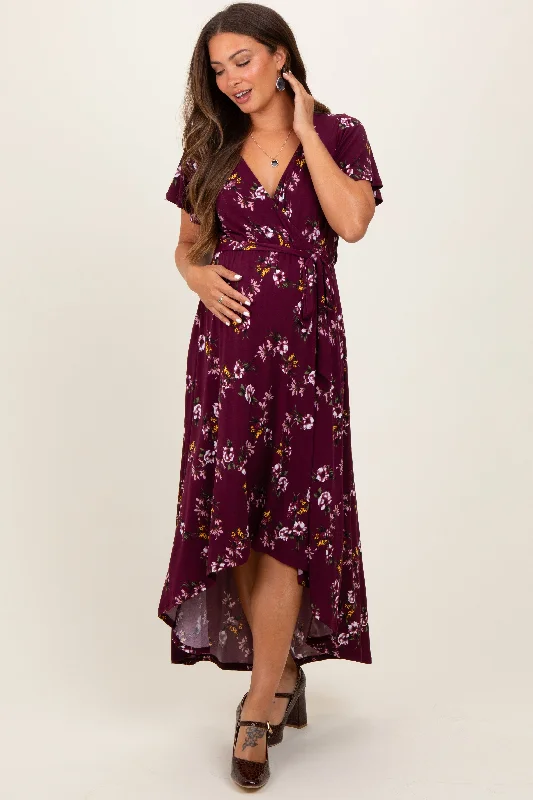 Burgundy Floral Short Sleeve Wrap Hi-Low Maternity Maxi Dress Comfortable Casual Maxi Dress