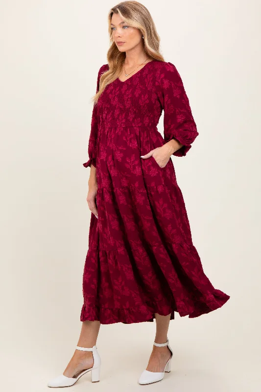 Burgundy Floral Smocked V-Neck Maternity Maxi Dress Stylish Boho Chic Maxi Dress