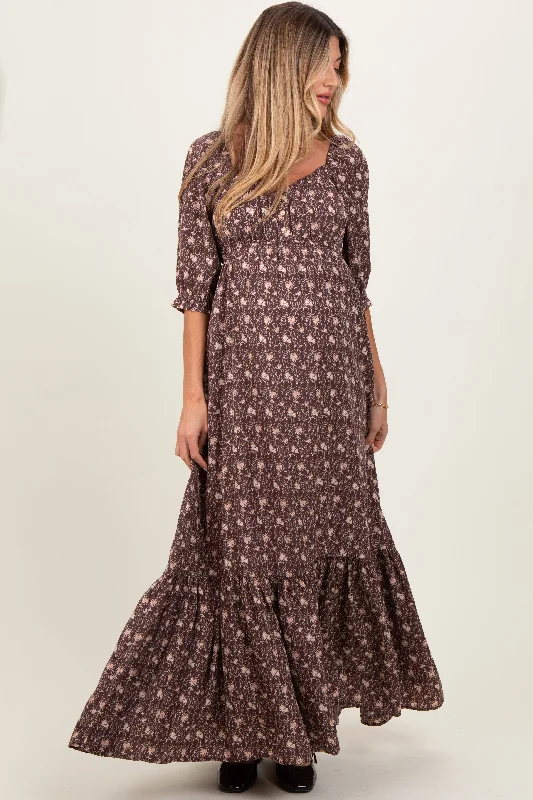 Chestnut Floral Sweetheart Neckline Maternity Maxi Dress Stylish Off-Shoulder Maxi Dress