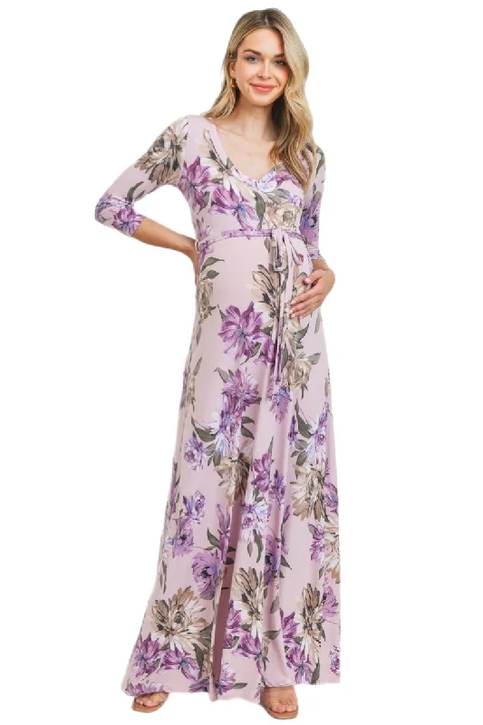 Floral Maternity Nursing Maxi Dress in Lavender Style 1309 Cozy Longline Maxi Dress