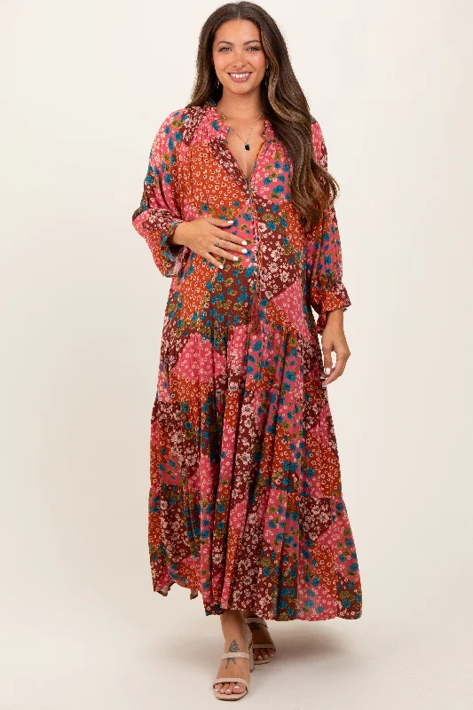 Fuchsia Floral Patchwork Front Tie Maternity Maxi Dress Fashionable Sleeveless Maxi Dress