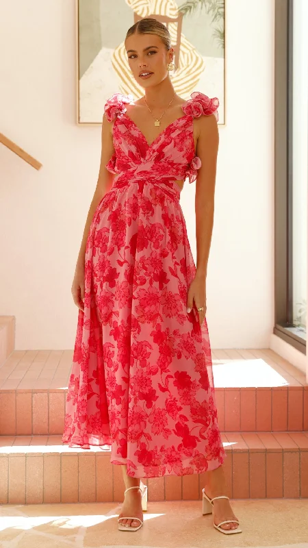 Galilhai Maxi Dress - Pink Floral Stylish V-Neck Maxi Dress