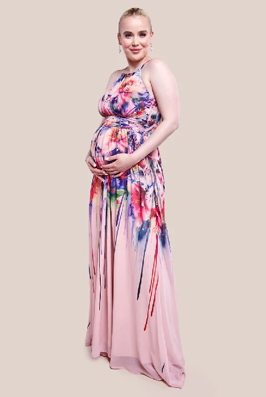 Goddiva Maternity Floral Printed Chiffon Halter Maxi Dress - Blush Floral Comfortable Maxi Dress with Belt