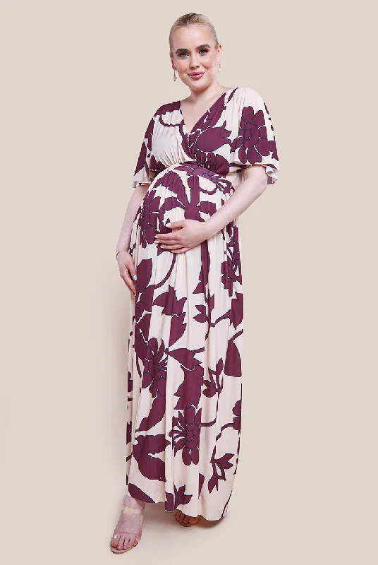 Goddiva Maternity Leaf Print Flutter Sleeve Maxi Dress - Cream Elegant Velvet Maxi Dress