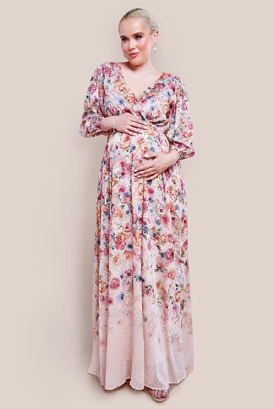 Goddiva Maternity Ombre Floral Printed Wrap Maxi Dress - Ivory Stylish Maxi Dress with Pleats