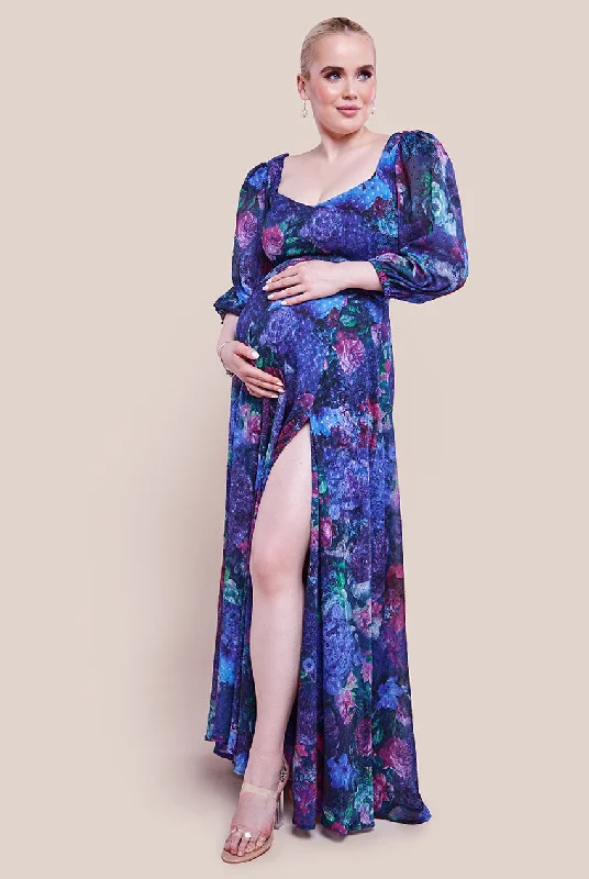 Goddiva Maternity Printed Shirred Back Maxi Dress - Navy Chic Off-Shoulder Maxi Dress