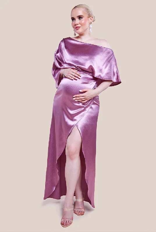 Goddiva Maternity Satin Drape Shoulder Wrap Maxi Dress - Blush Elegant Maxi Dress with Slit