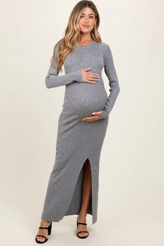 Heather Grey Ribbed Knit Long Sleeve Side Slit Maternity Maxi Dress Comfortable Satin Maxi Dress