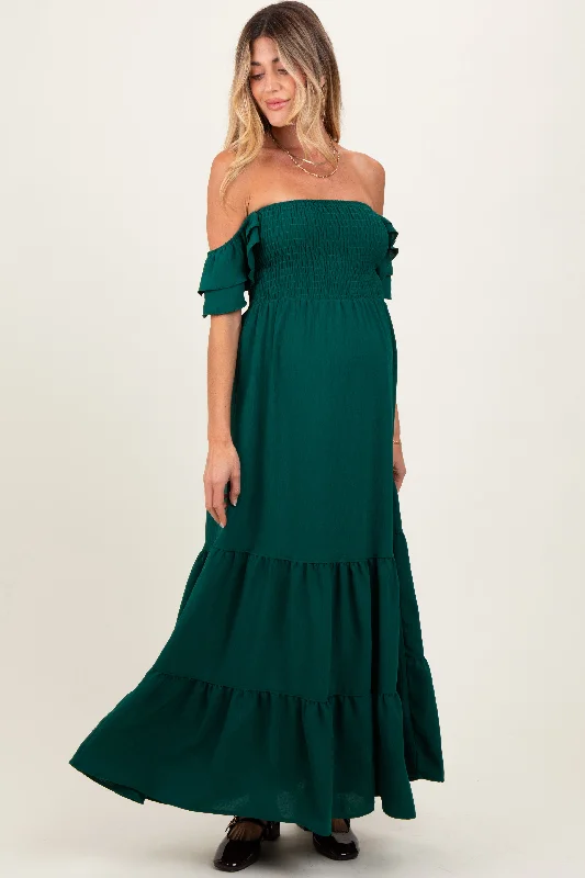 Hunter Green Smocked Ruffle Off Shoulder Tiered Maternity Maxi Dress Cozy Spaghetti Strap Maxi Dress